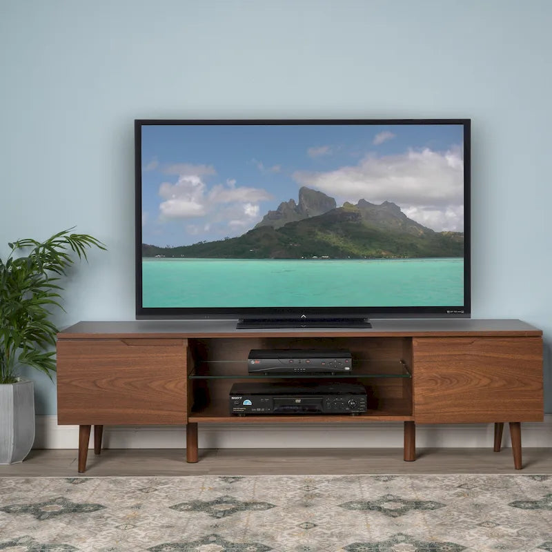 Meuble TV en noyer 59,2 po avec 2 armoires et tablette en verre trempé pour téléviseurs de 40 po
