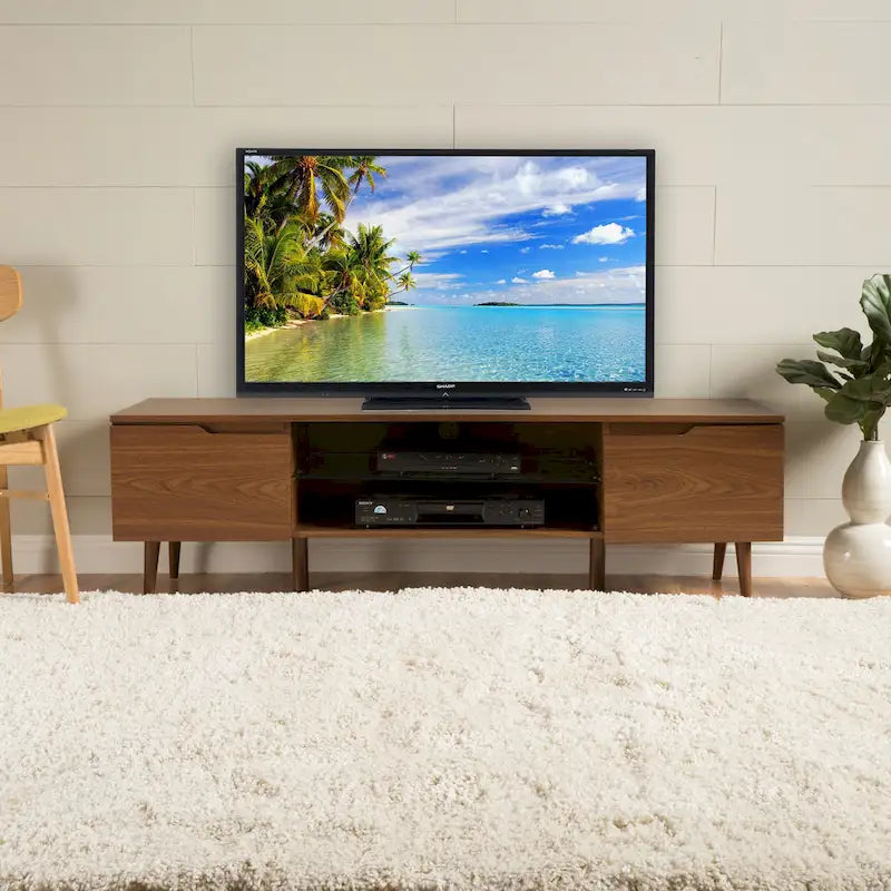 Meuble TV en noyer 59,2 po avec 2 armoires et tablette en verre trempé pour téléviseurs de 40 po