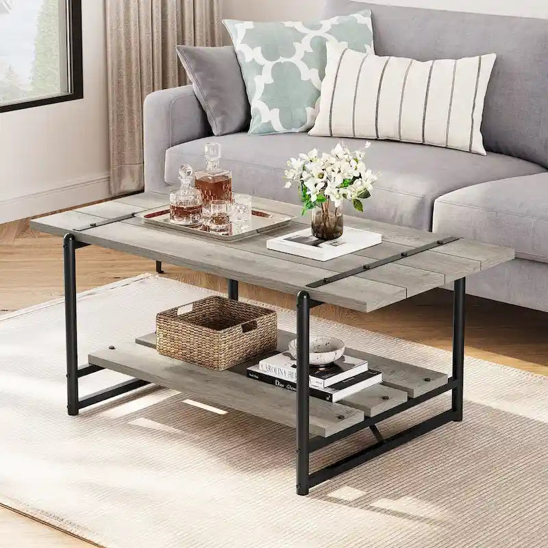41 Grande table basse industrielle à 2 niveaux en bois avec étagère de rangement