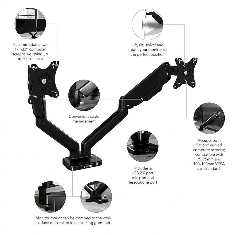 Support double moniteur réglable avec port USB