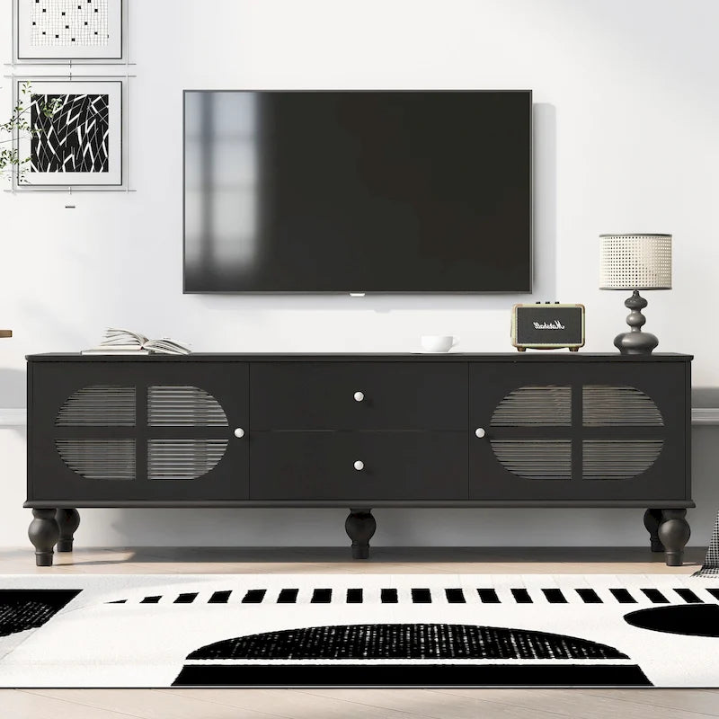 Meuble TV Moderne Minimaliste avec 2 Armoires de Rangement, 2 Tiroirs et Gestion des Câbles pour Salon Chambre