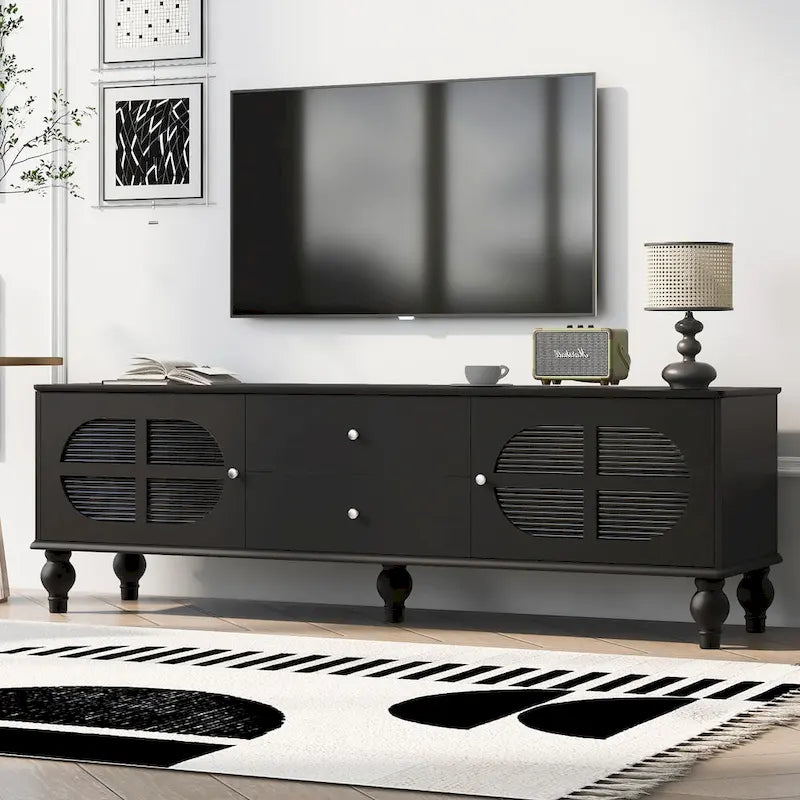 Meuble TV Moderne Minimaliste avec 2 Armoires de Rangement, 2 Tiroirs et Gestion des Câbles pour Salon Chambre
