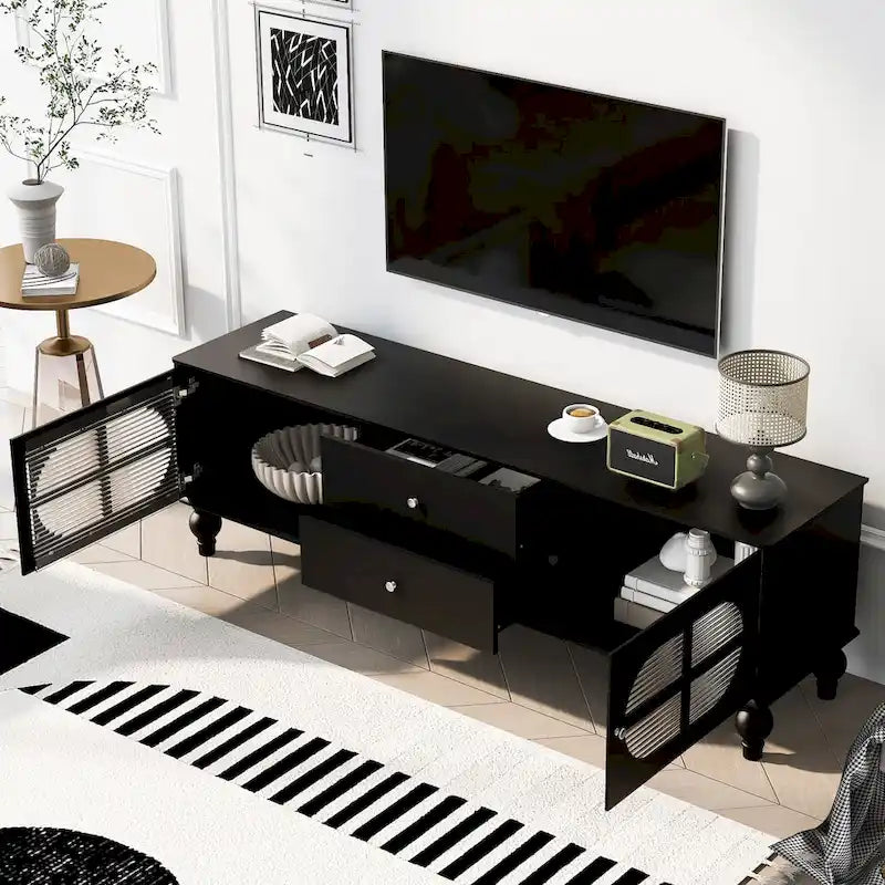 Meuble TV Moderne Minimaliste avec 2 Armoires de Rangement, 2 Tiroirs et Gestion des Câbles pour Salon Chambre