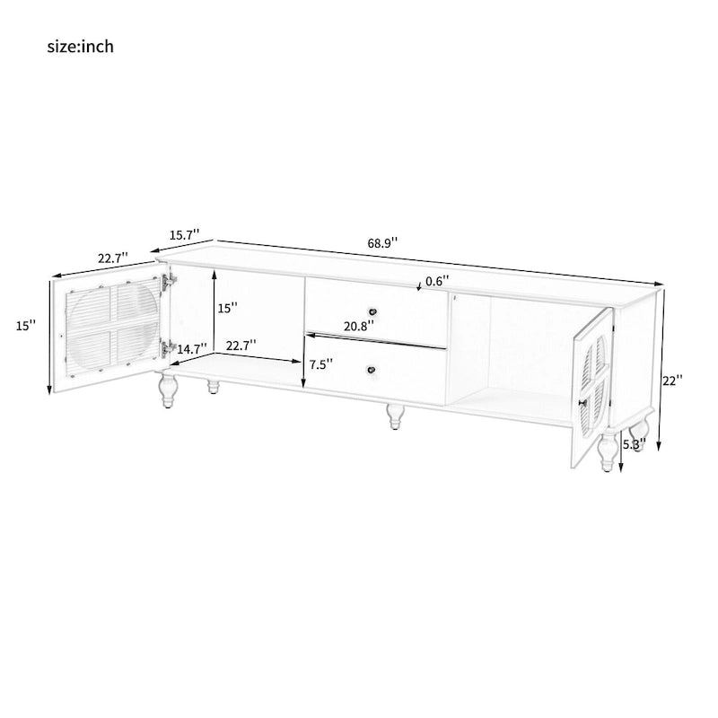 Meuble TV Moderne Minimaliste avec 2 Armoires de Rangement, 2 Tiroirs et Gestion des Câbles pour Salon Chambre