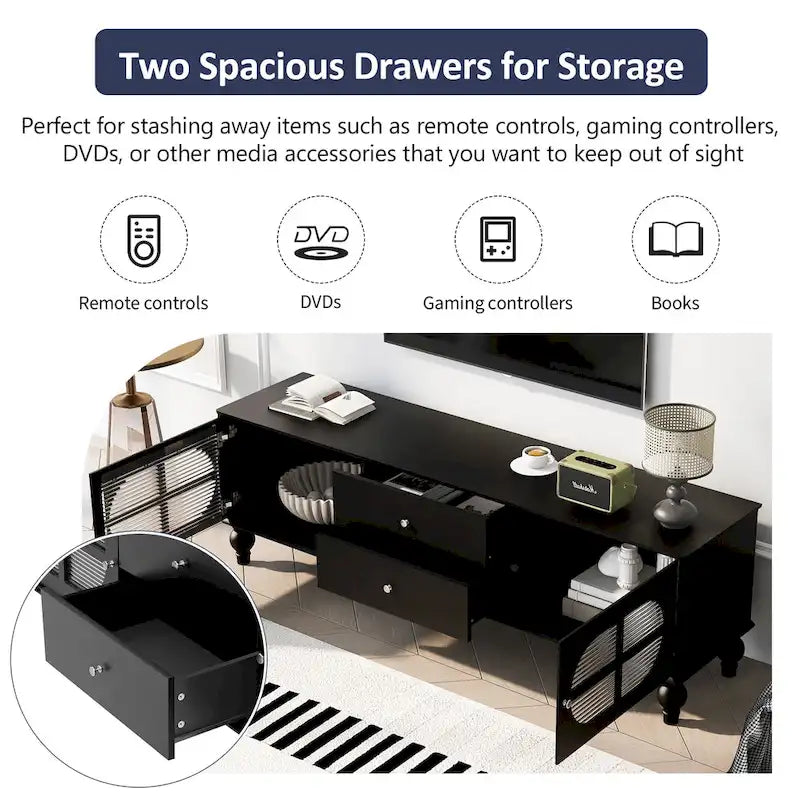 Meuble TV Moderne Minimaliste avec 2 Armoires de Rangement, 2 Tiroirs et Gestion des Câbles pour Salon Chambre
