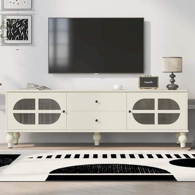 Meuble TV Moderne Minimaliste avec 2 Armoires de Rangement, 2 Tiroirs et Gestion des Câbles pour Salon Chambre