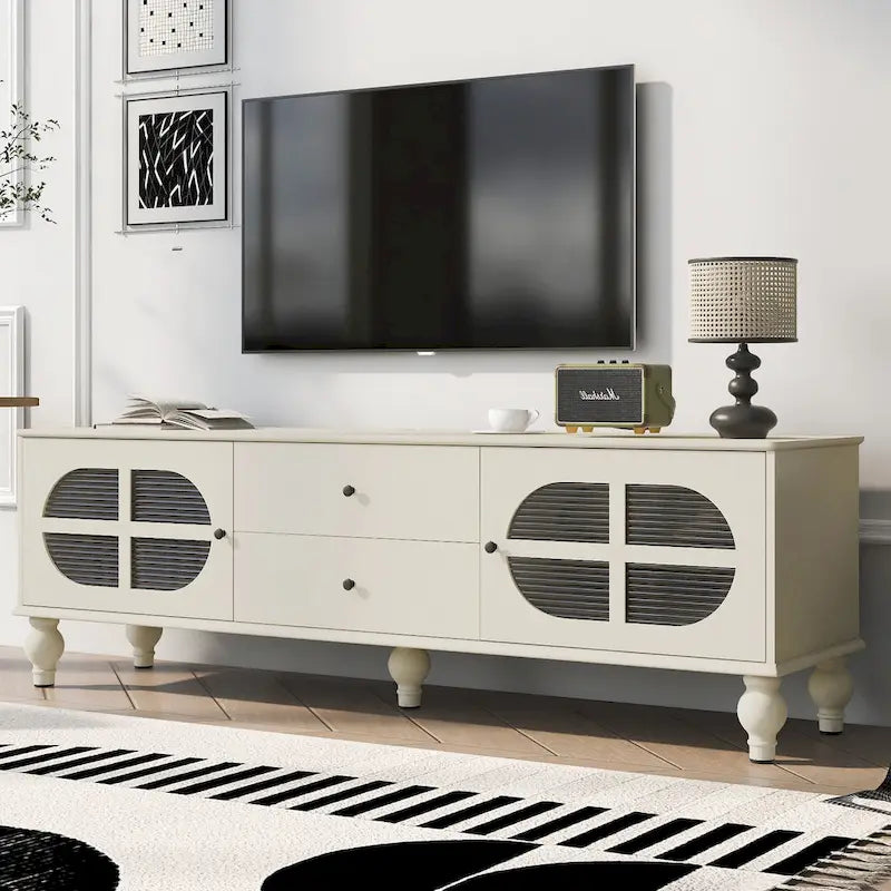 Meuble TV Moderne Minimaliste avec 2 Armoires de Rangement, 2 Tiroirs et Gestion des Câbles pour Salon Chambre