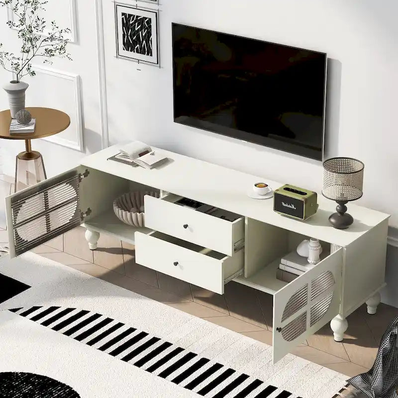 Meuble TV Moderne Minimaliste avec 2 Armoires de Rangement, 2 Tiroirs et Gestion des Câbles pour Salon Chambre