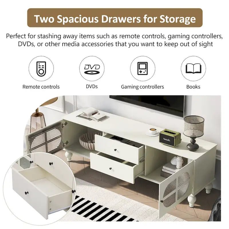 Meuble TV Moderne Minimaliste avec 2 Armoires de Rangement, 2 Tiroirs et Gestion des Câbles pour Salon Chambre