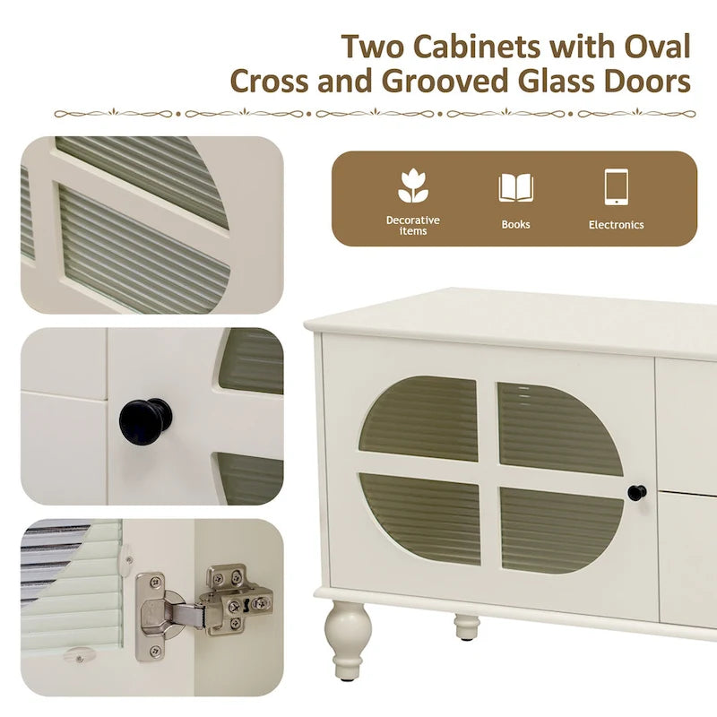 Meuble TV Moderne Minimaliste avec 2 Armoires de Rangement, 2 Tiroirs et Gestion des Câbles pour Salon Chambre