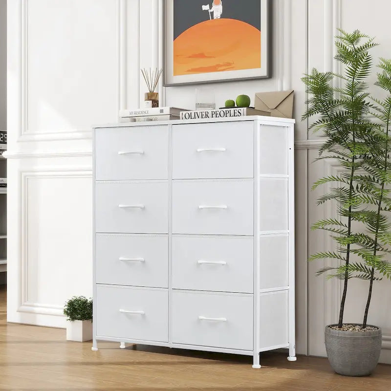 Commode de chambre élégante à 8 tiroirs, tour de rangement haute avec plateau en bois