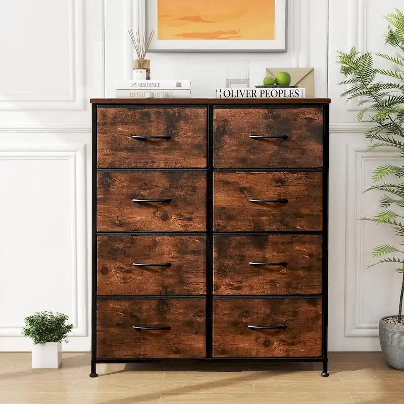 Commode de chambre élégante à 8 tiroirs, tour de rangement haute avec plateau en bois