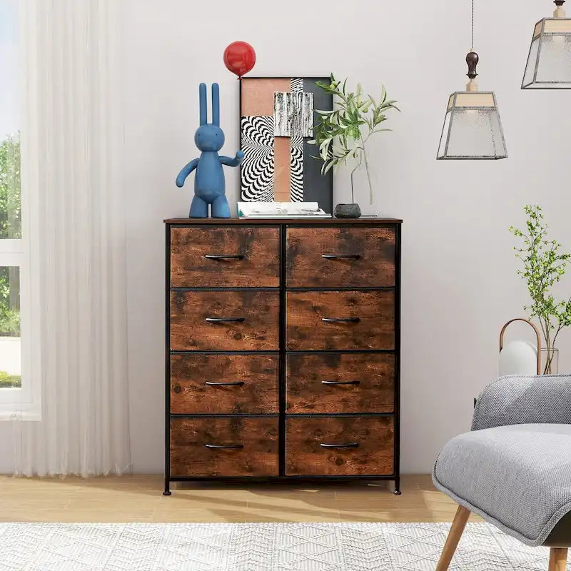 Commode de chambre élégante à 8 tiroirs, tour de rangement haute avec plateau en bois