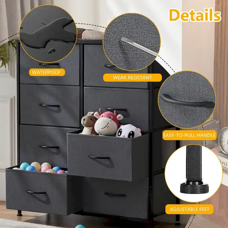 Commode de chambre élégante à 8 tiroirs, tour de rangement haute avec plateau en bois