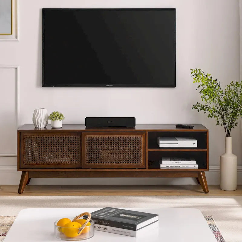 Walnut 59  TV Stand with Open Shelves and Rattan Cabinet Doors for TVs Up to 65 
