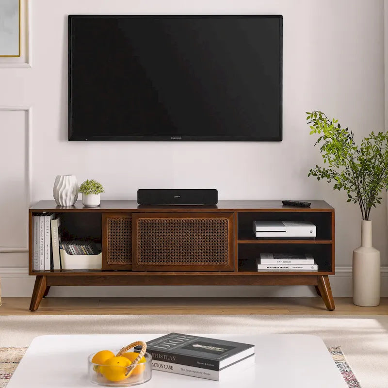 Meuble TV Noyer 59 po avec étagères ouvertes et portes d'armoire en rotin pour téléviseurs jusqu'à 65 po