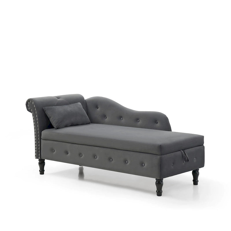 Chaise longue capitonnée en velours gris moderne 60 avec pieds en bois massif et rangement
