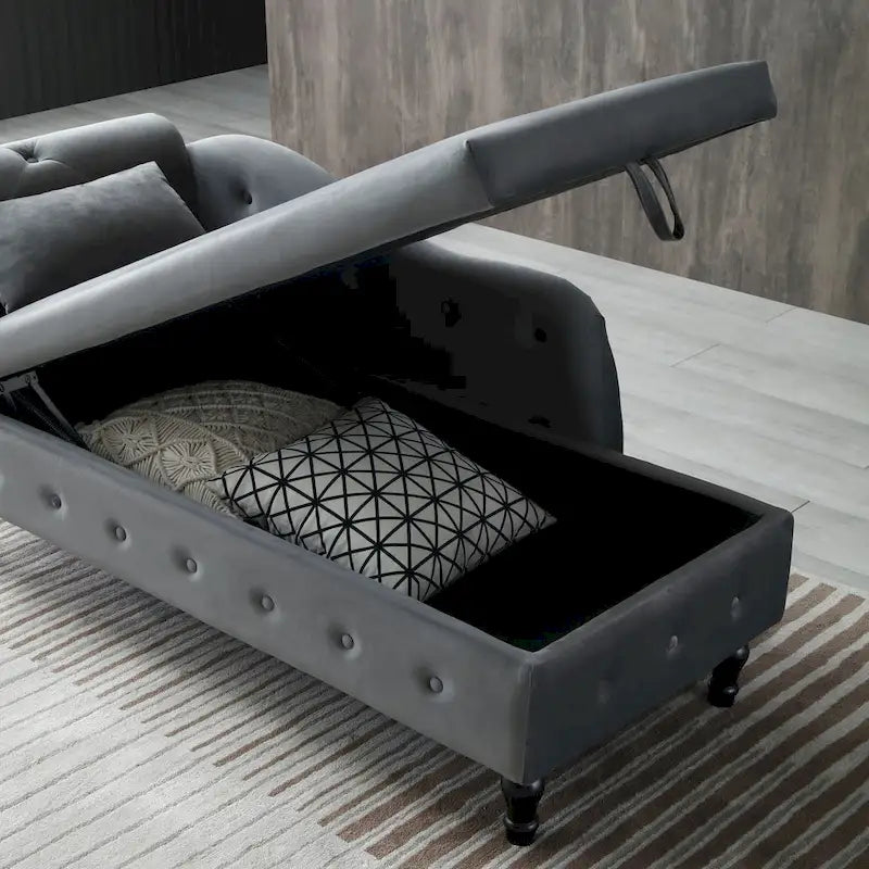 Chaise longue capitonnée en velours gris moderne 60 avec pieds en bois massif et rangement