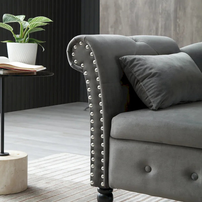 Chaise longue capitonnée en velours gris moderne 60 avec pieds en bois massif et rangement