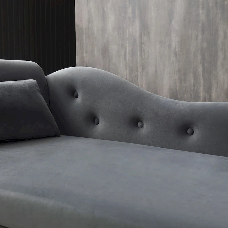 Chaise longue capitonnée en velours gris moderne 60 avec pieds en bois massif et rangement