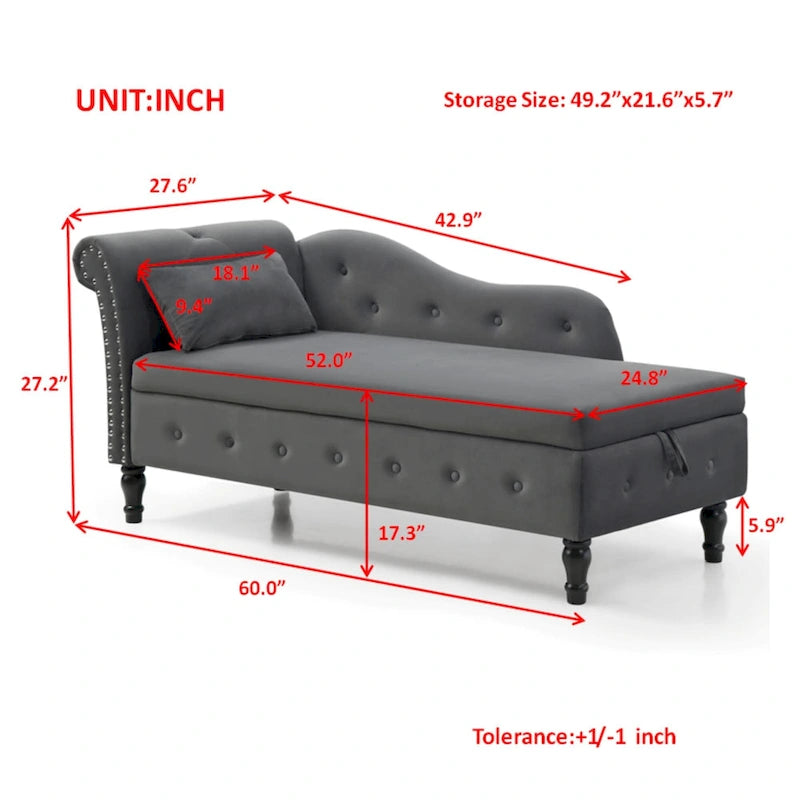 Chaise longue capitonnée en velours gris moderne 60 avec pieds en bois massif et rangement