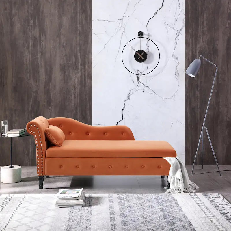 Méridienne Orange Moderne 60 en Velours Capitonnée avec Boutons, Pieds en Bois Massif et Rangement