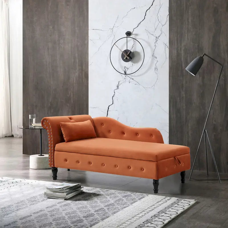 Méridienne Orange Moderne 60 en Velours Capitonnée avec Boutons, Pieds en Bois Massif et Rangement