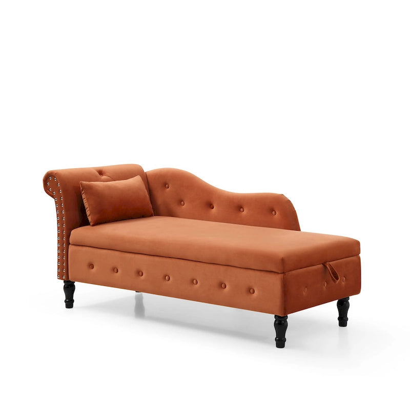 Méridienne Orange Moderne 60 en Velours Capitonnée avec Boutons, Pieds en Bois Massif et Rangement