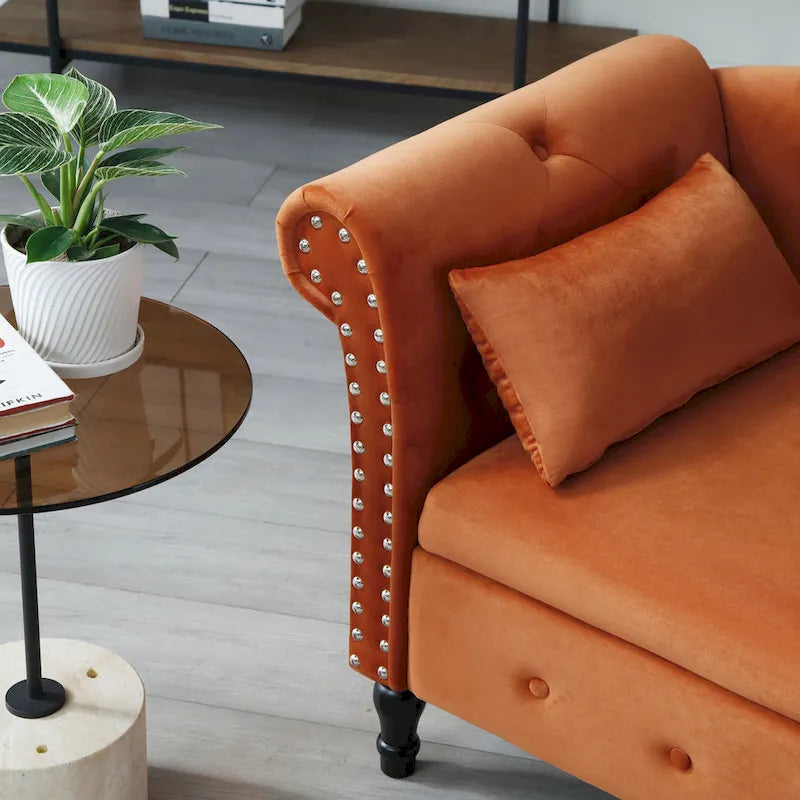 Méridienne Orange Moderne 60 en Velours Capitonnée avec Boutons, Pieds en Bois Massif et Rangement