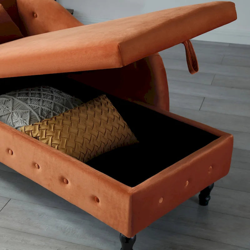 Méridienne Orange Moderne 60 en Velours Capitonnée avec Boutons, Pieds en Bois Massif et Rangement