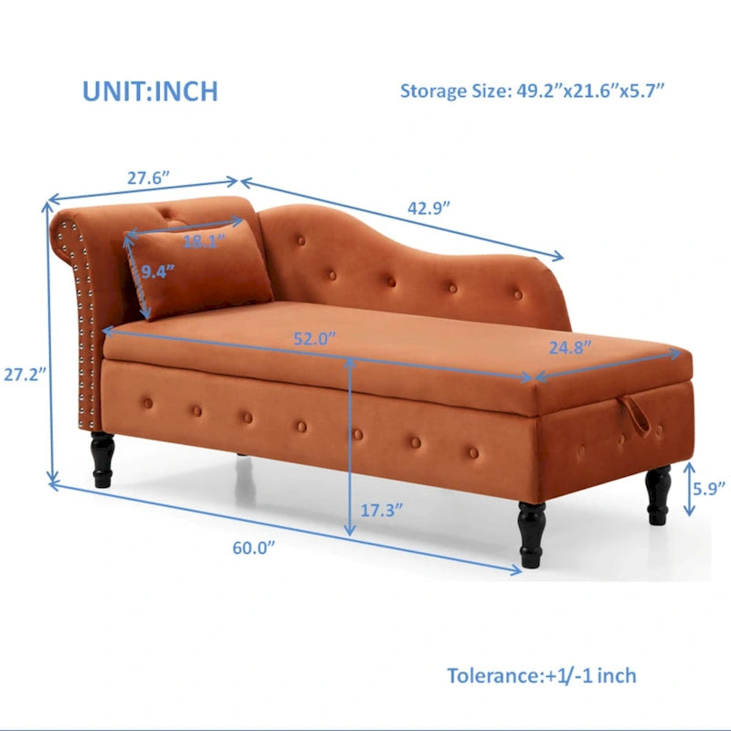 Méridienne Orange Moderne 60 en Velours Capitonnée avec Boutons, Pieds en Bois Massif et Rangement