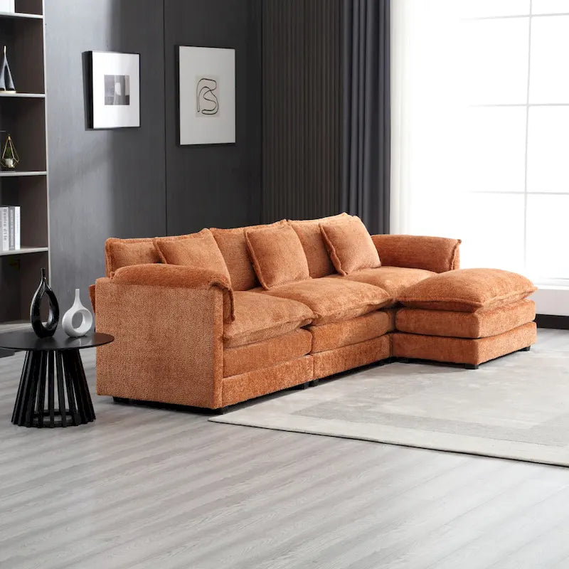 Canapé d'angle en L 4 places Orange 112,2" en tissu bouclé moderne avec coussins amovibles et accoudoirs détachables