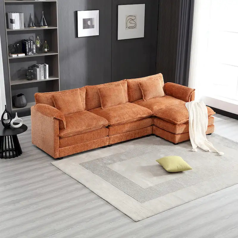 Canapé d'angle en L 4 places Orange 112,2" en tissu bouclé moderne avec coussins amovibles et accoudoirs détachables