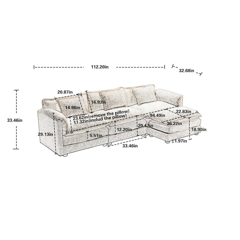Canapé d'angle en L 4 places Orange 112,2" en tissu bouclé moderne avec coussins amovibles et accoudoirs détachables