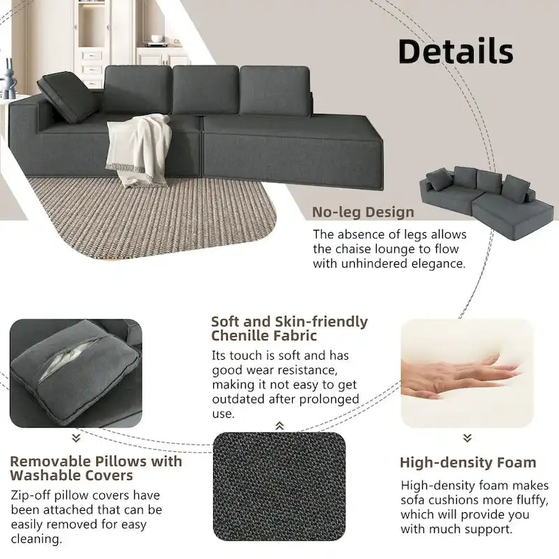 Gris 125 Canapé inclinable moderne à 4 places pour la relaxation dans le salon, convertible intérieur