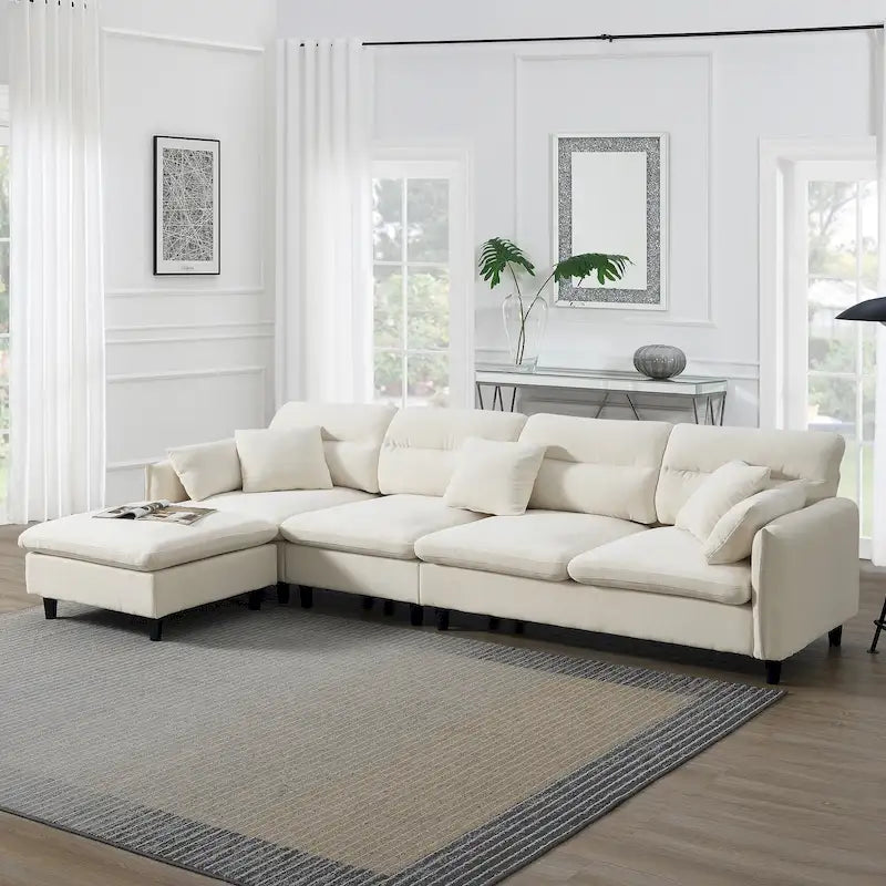 110 Canapé d'angle moderne en L convertible 5 places avec pouf amovible et 5 coussins, tissu chenille doux