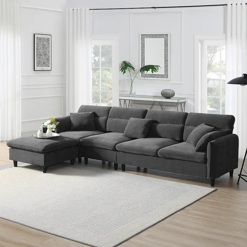 110 Canapé d'angle moderne en L convertible 5 places avec pouf amovible et 5 coussins, tissu chenille doux