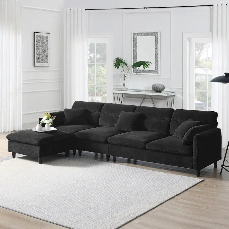 110 Canapé d'angle moderne en L convertible 5 places avec pouf amovible et 5 coussins, tissu chenille doux