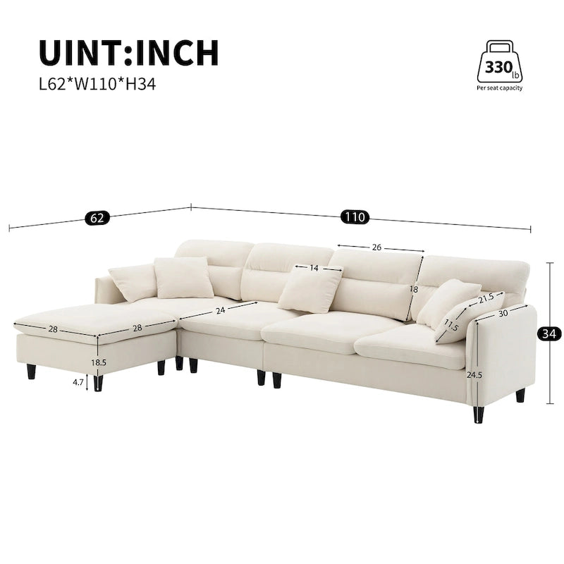 110 Canapé d'angle moderne en L convertible 5 places avec pouf amovible et 5 coussins, tissu chenille doux