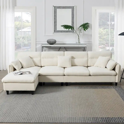 110 Canapé d'angle moderne en L convertible 5 places avec pouf amovible et 5 coussins, tissu chenille doux