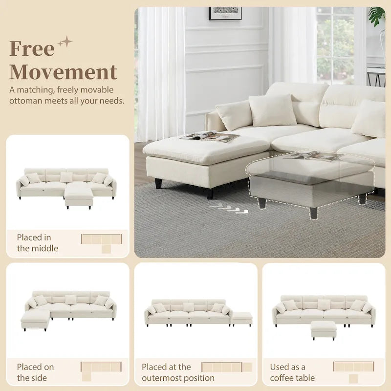 110 Canapé d'angle moderne en L convertible 5 places avec pouf amovible et 5 coussins, tissu chenille doux