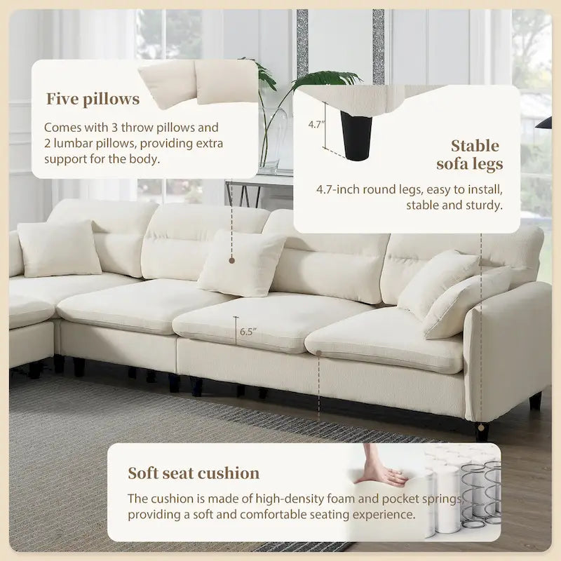 110 Canapé d'angle moderne en L convertible 5 places avec pouf amovible et 5 coussins, tissu chenille doux