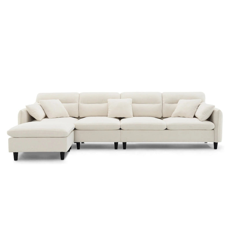 110 Canapé d'angle moderne en L convertible 5 places avec pouf amovible et 5 coussins, tissu chenille doux