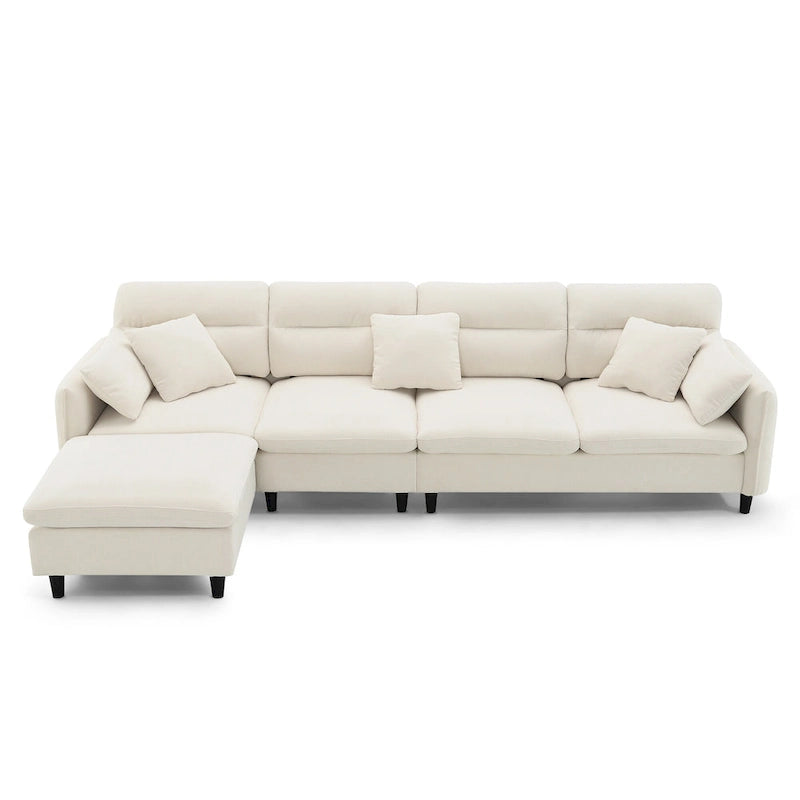 110 Canapé d'angle moderne en L convertible 5 places avec pouf amovible et 5 coussins, tissu chenille doux