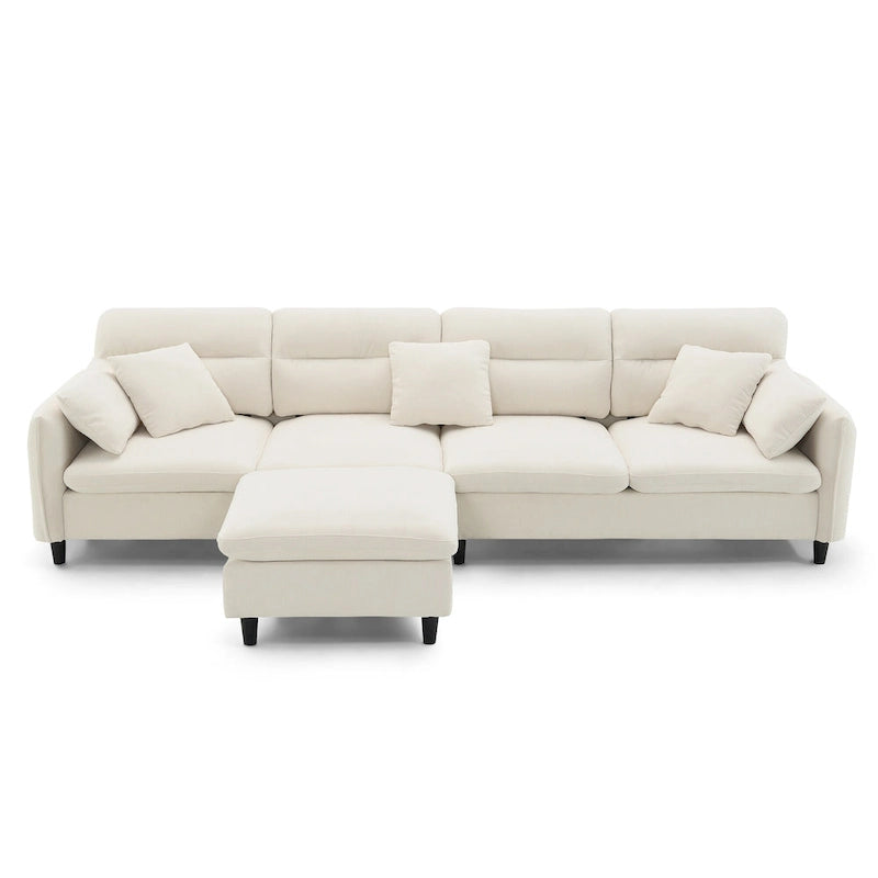 110 Canapé d'angle moderne en L convertible 5 places avec pouf amovible et 5 coussins, tissu chenille doux