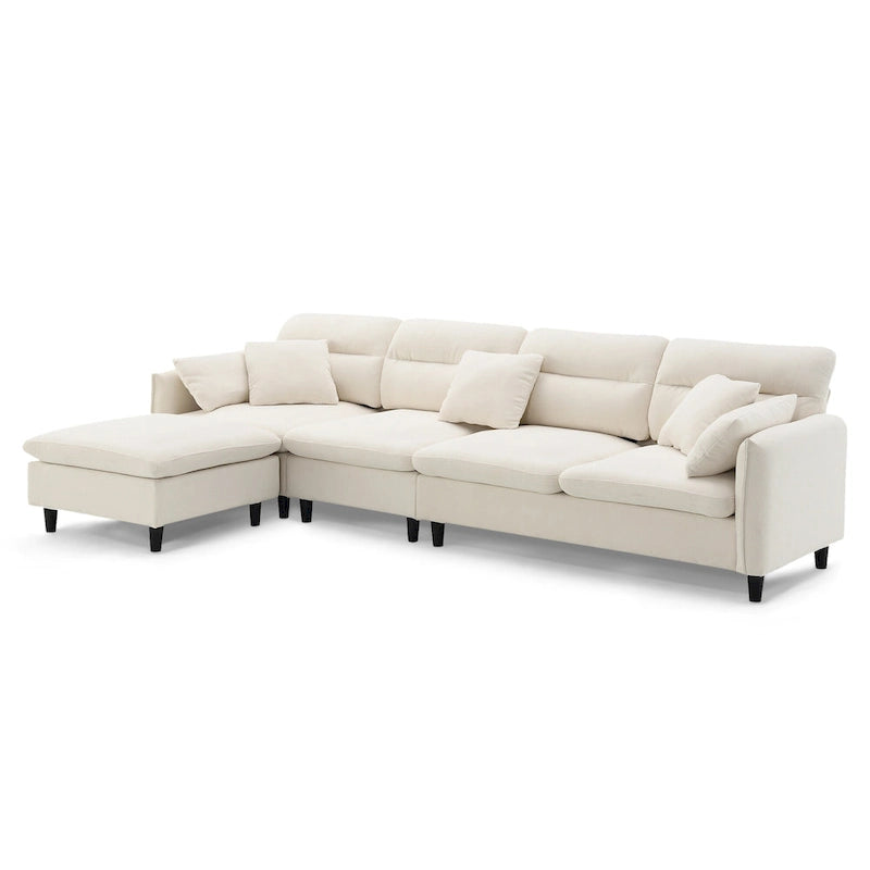 110 Canapé d'angle moderne en L convertible 5 places avec pouf amovible et 5 coussins, tissu chenille doux