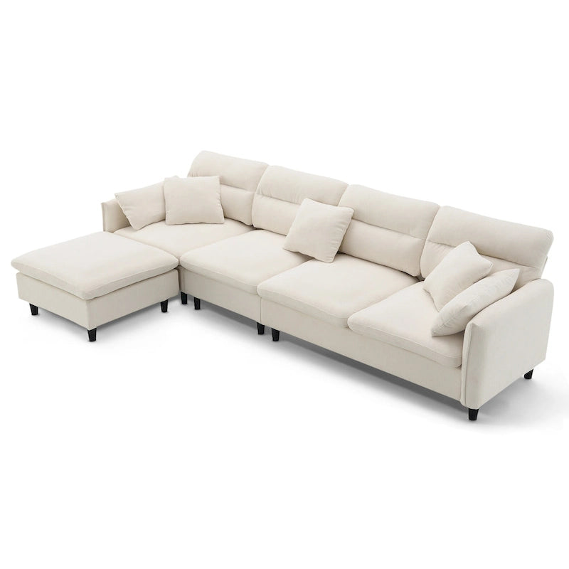 110 Canapé d'angle moderne en L convertible 5 places avec pouf amovible et 5 coussins, tissu chenille doux