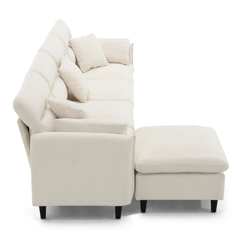 110 Canapé d'angle moderne en L convertible 5 places avec pouf amovible et 5 coussins, tissu chenille doux