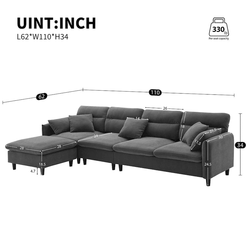 110 Canapé d'angle moderne en L convertible 5 places avec pouf amovible et 5 coussins, tissu chenille doux