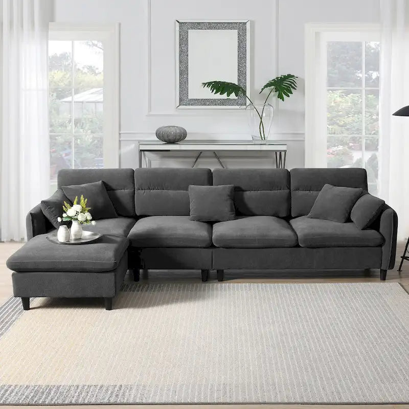 110 Canapé d'angle moderne en L convertible 5 places avec pouf amovible et 5 coussins, tissu chenille doux